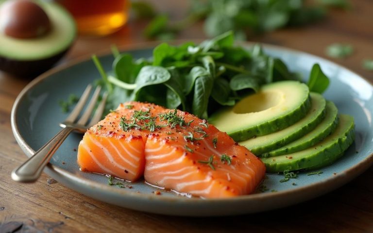 Repas cétogène équilibré avec saumon, épinards et avocat sur une table en bois.