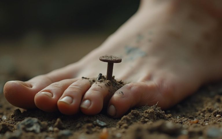 Pied blessé par un clou rouillé, illustrant les risques d'infection.