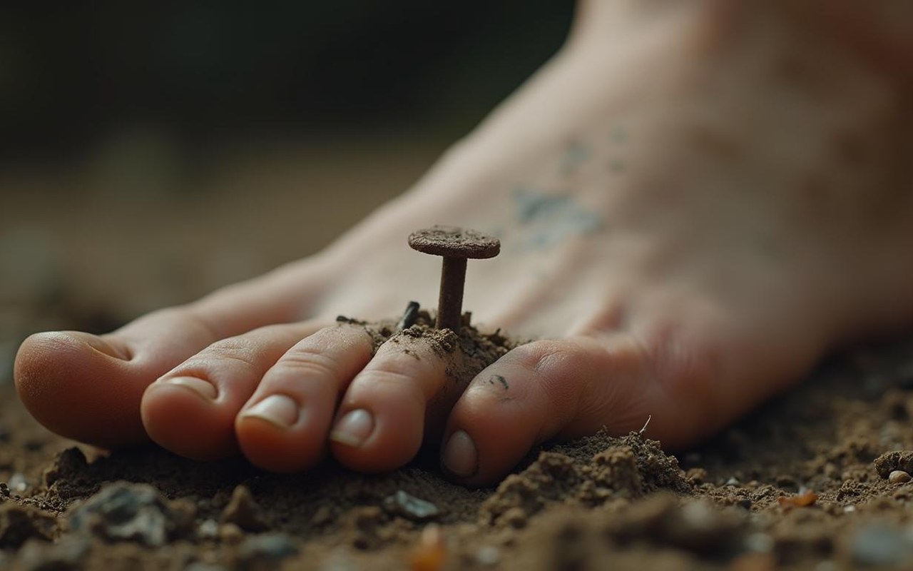 Pied blessé par un clou rouillé, illustrant les risques d'infection.