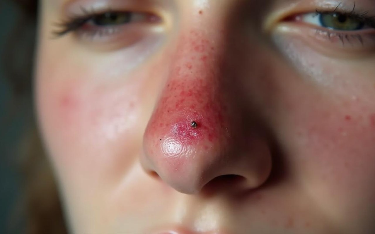 Gros plan sur un nez avec un bouton douloureux et une peau enflammée.