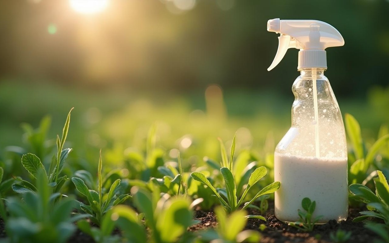 Désherbant naturel à base de vinaigre et sel dans un jardin avec des mauvaises herbes.