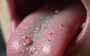 Gros plan sur une langue avec des petits boutons rouges et blancs, représentant des papilles enflammées.