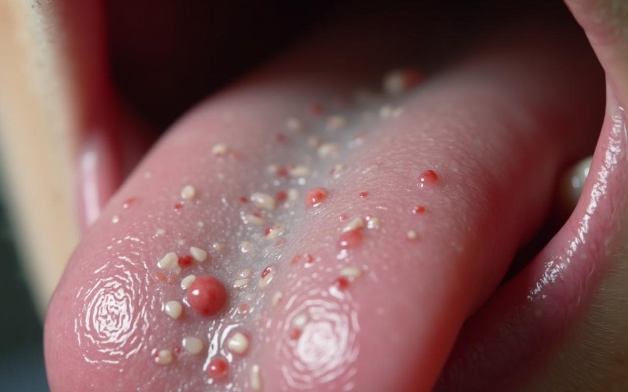 Gros plan sur une langue avec des petits boutons rouges et blancs, représentant des papilles enflammées.