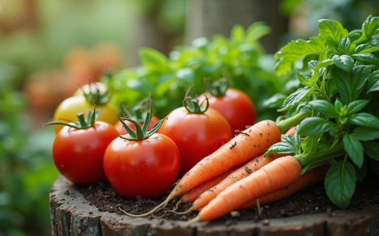 Potager avec associations de légumes comme tomates, carottes et basilic.