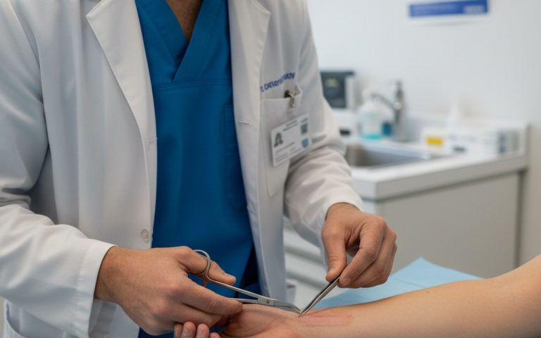 Professionnel de santé examinant un point de suture sur une plaie.