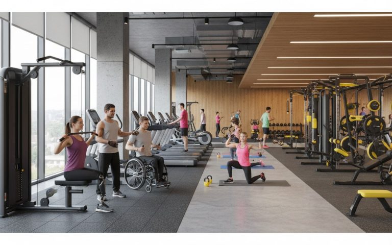 Intérieur d'une salle de sport Basic Fit avec des équipements modernes et des membres s'entraînant.