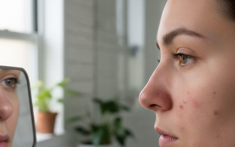 Personne examinant l'acné autour de son nez dans un miroir.