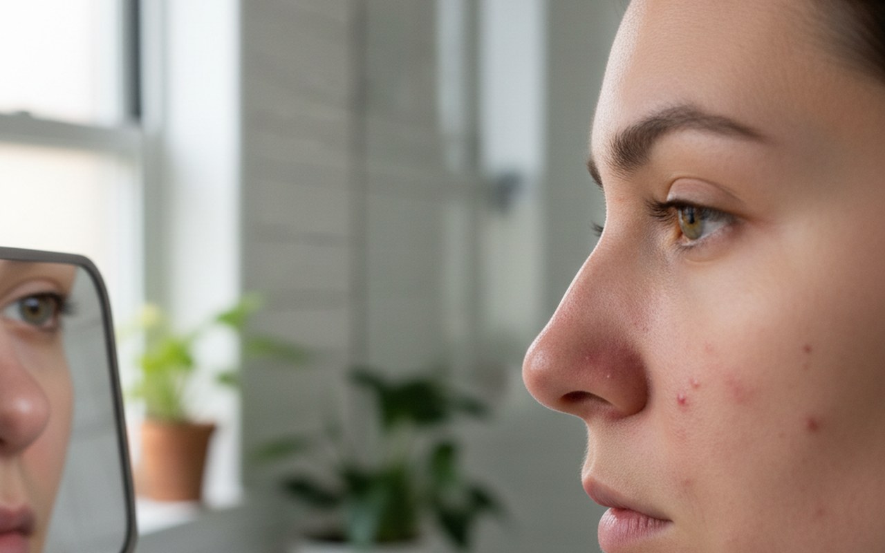 Personne examinant l'acné autour de son nez dans un miroir.