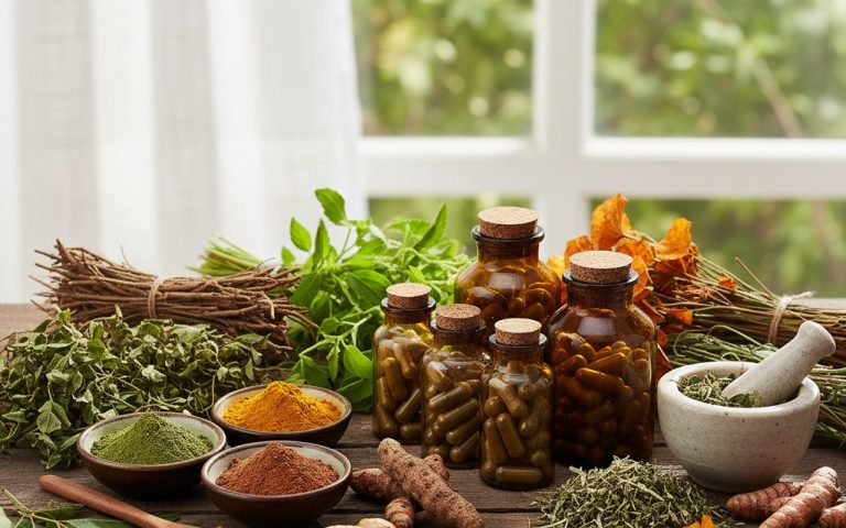 Assortiment de plantes médicinales ayurvédiques sur une table en bois.