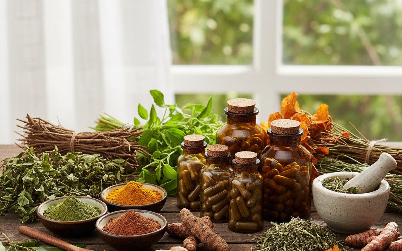 Assortiment de plantes médicinales ayurvédiques sur une table en bois.