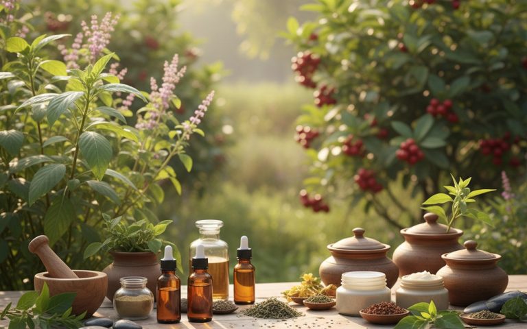 Produits AYur-vana sur une table en bois entourés de plantes ayurvédiques.
