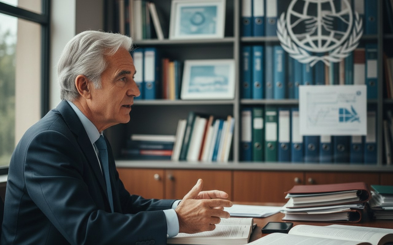 Bernard Kouchner lors d'une conférence sur la santé publique, entouré de documents.