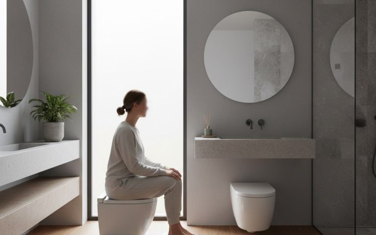 Personne utilisant un tabouret physiologique pour une meilleure posture aux toilettes