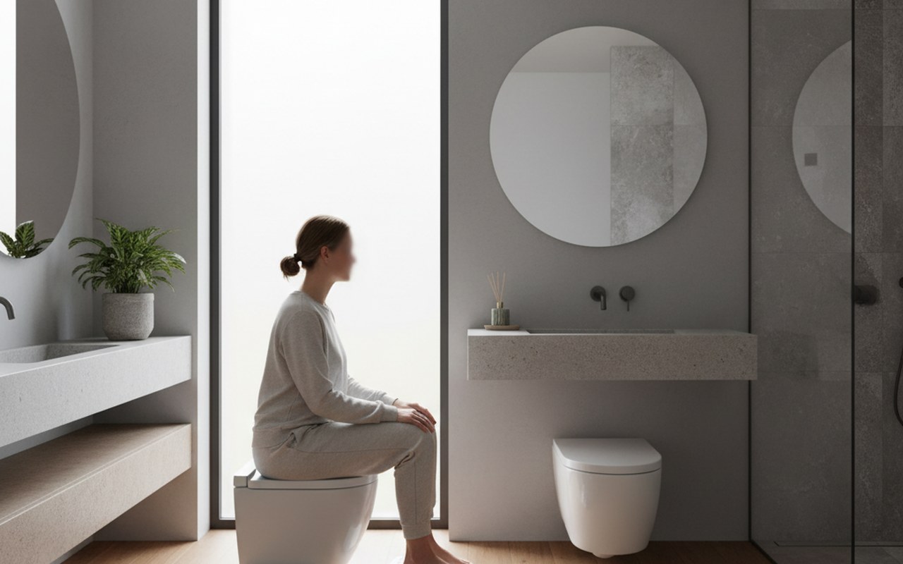 Personne utilisant un tabouret physiologique pour une meilleure posture aux toilettes