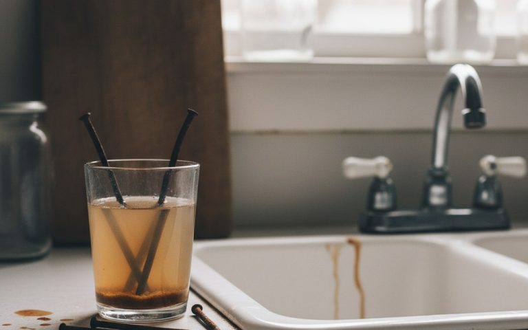 Verre d'eau avec clous rouillés et lavabo taché par le fer.
