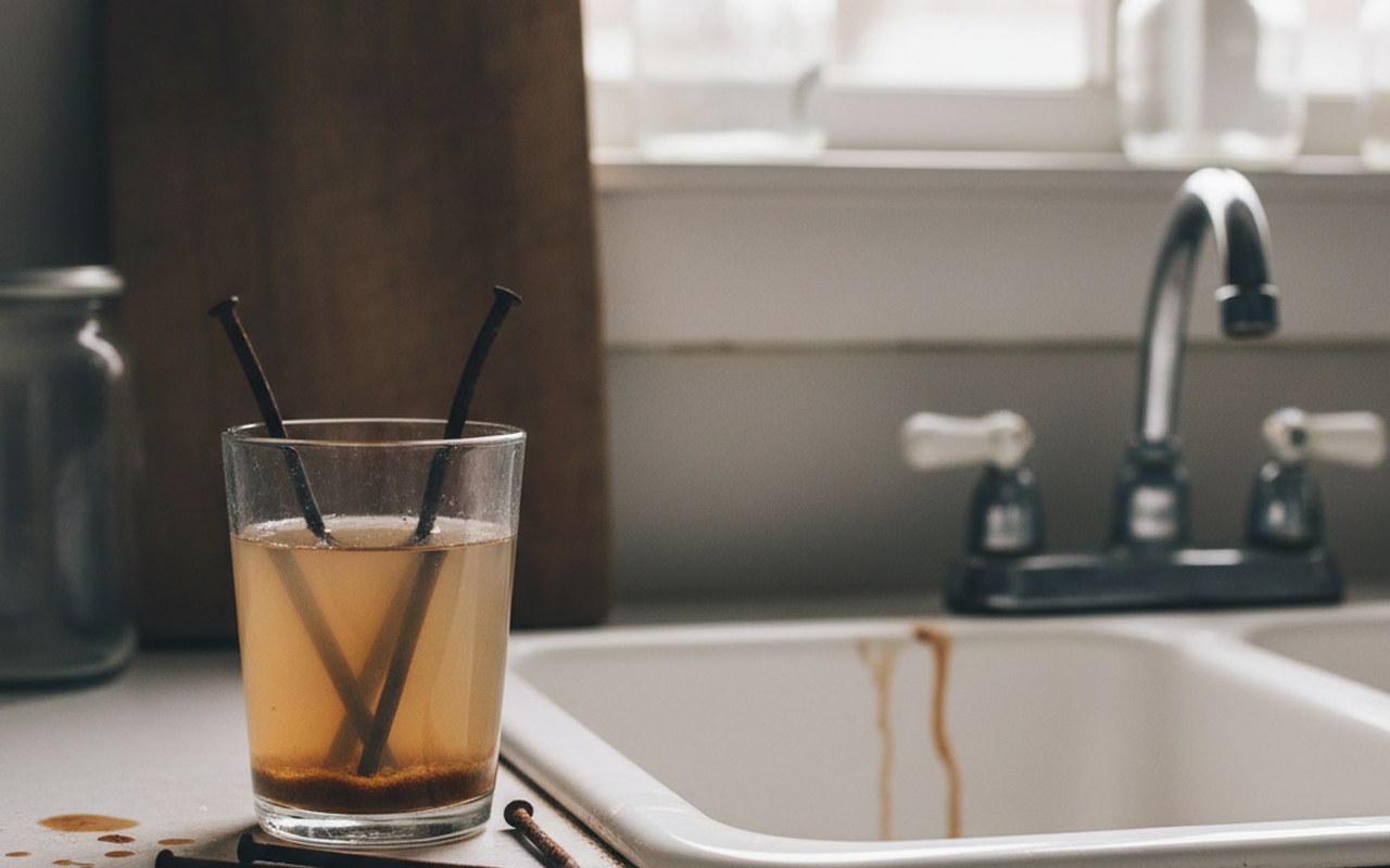 Verre d'eau avec clous rouillés et lavabo taché par le fer.