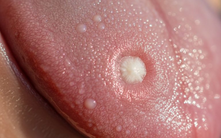 Détail d'une langue humaine avec un bouton blanc isolé, illustrant un symptôme buccal