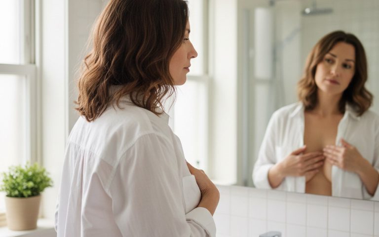 Femme examinant son sein pour détecter d'éventuels boutons