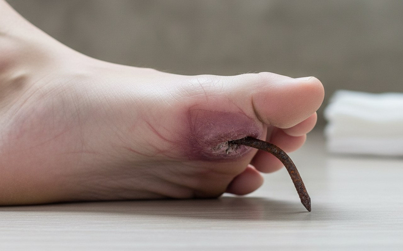 Pied blessé avec un clou et gonflement autour de la plaie