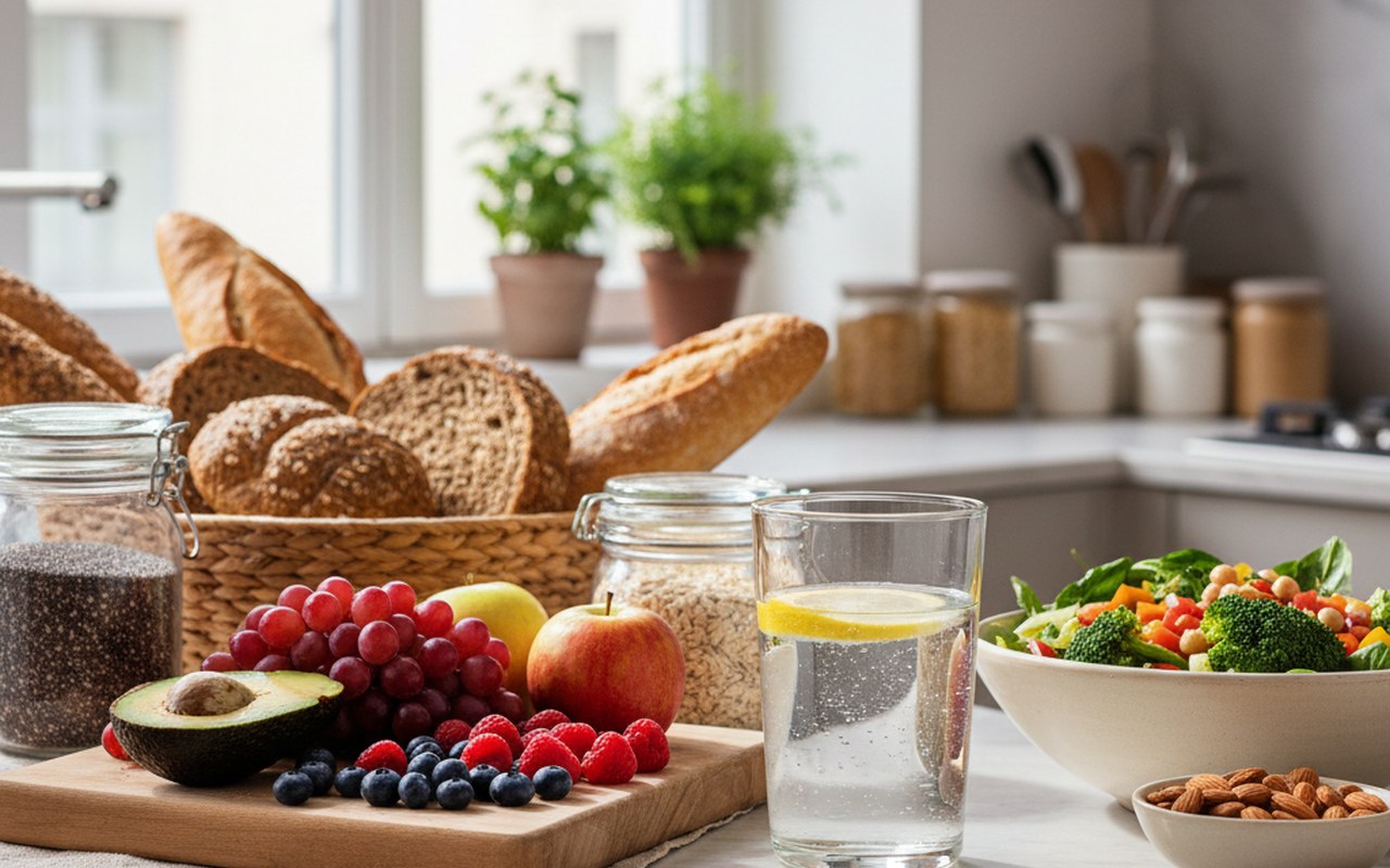 Aliments riches en fibres et un verre d'eau pour un transit intestinal sain.