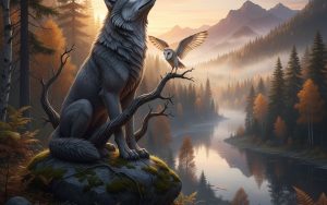Un animal totem dans un paysage naturel symbolisant la connexion spirituelle.