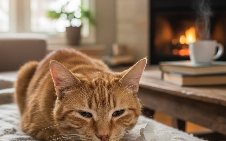 Chat malade présentant des symptômes de coryza dans un environnement domestique.