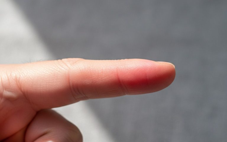 Doigt enflé avec rougeur et inflammation sur une surface neutre.