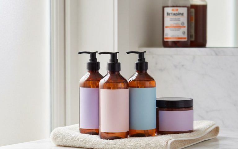 Scène de soins capillaires avec produits pour cheveux colorés et bétadine en arrière-plan.