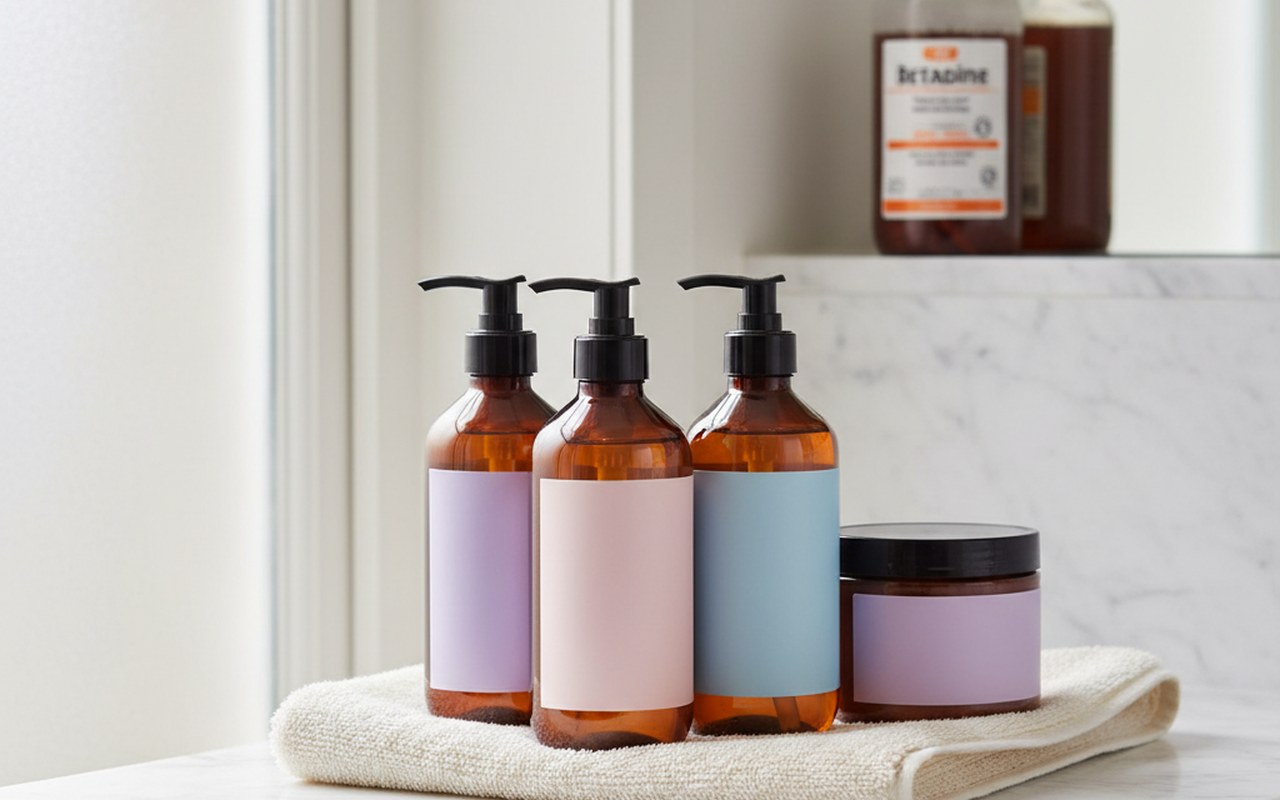 Scène de soins capillaires avec produits pour cheveux colorés et bétadine en arrière-plan.