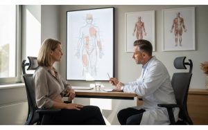 Consultation pour une liposuccion avec un chirurgien plasticien et des illustrations anatomiques.