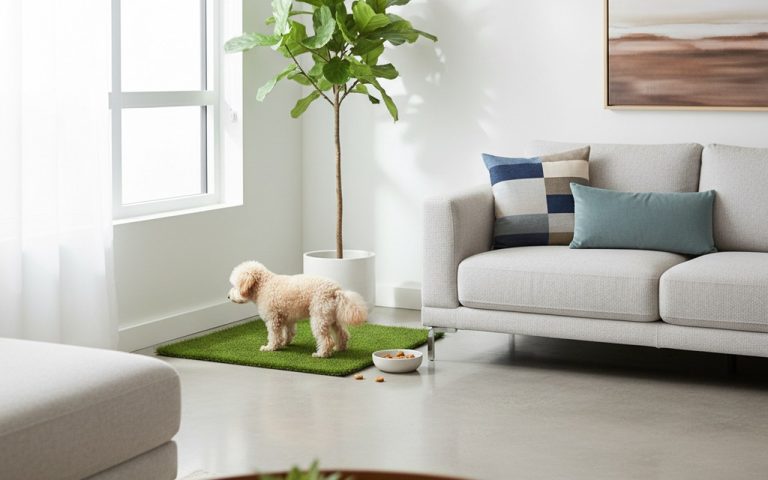 Un petit chien utilisant une litière en gazon synthétique dans un appartement moderne.