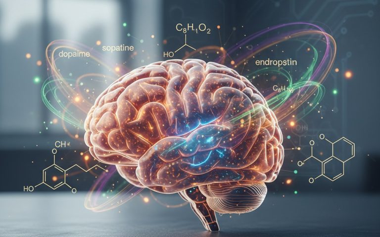 Illustration du cerveau humain mettant en évidence le système de récompense et les neurotransmetteurs.