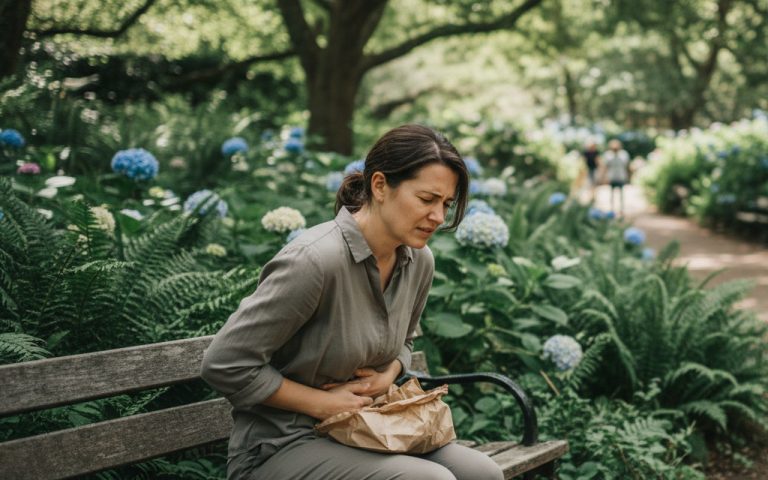 Personne mal à l'aise dans un parc, illustrant le malaise vagal intestinal.