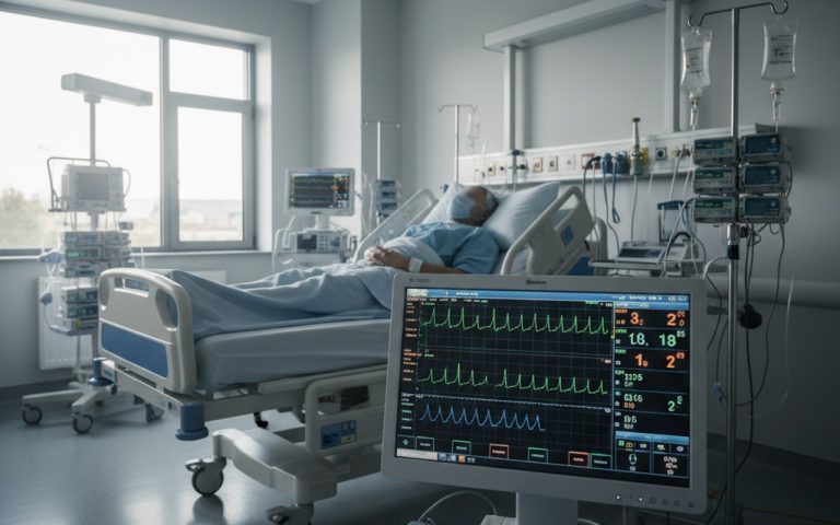 Patient sous surveillance médicale en soins intensifs avec dispositifs de monitoring.