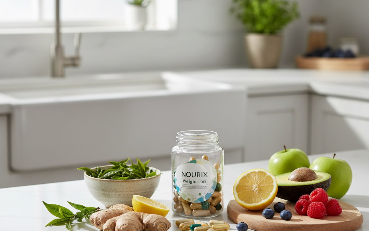 Gélules de complément alimentaire Nourix entourées d'ingrédients naturels dans une cuisine moderne.