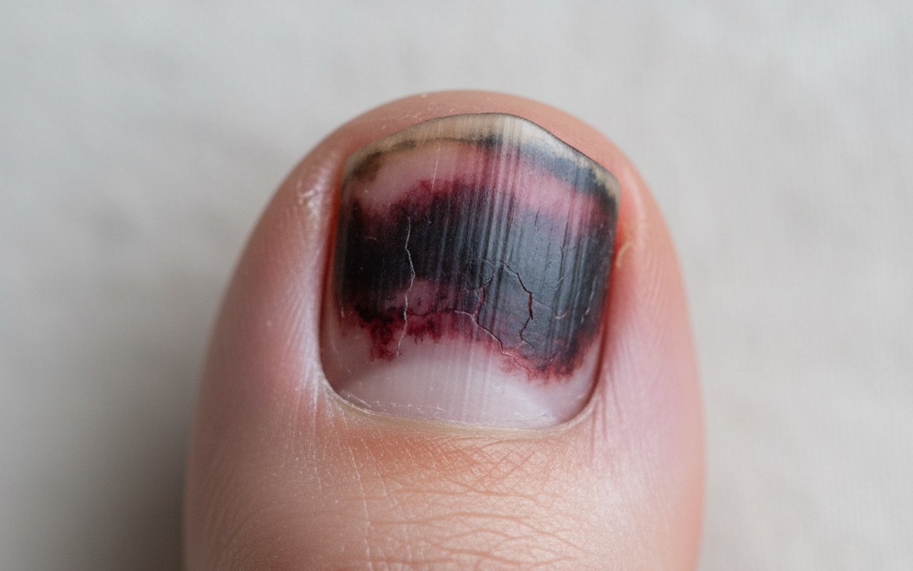 Gros plan d'un ongle noirci illustrant un hématome sous-unguéal.