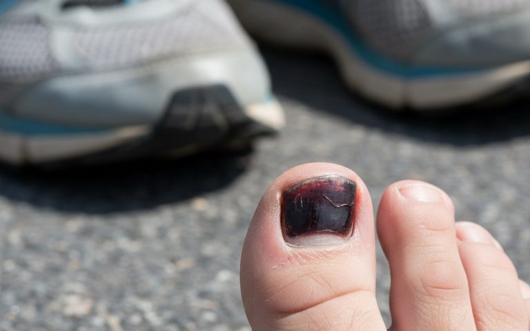 Gros plan sur un ongle de pied noirci avec accumulation de sang sous l'ongle.
