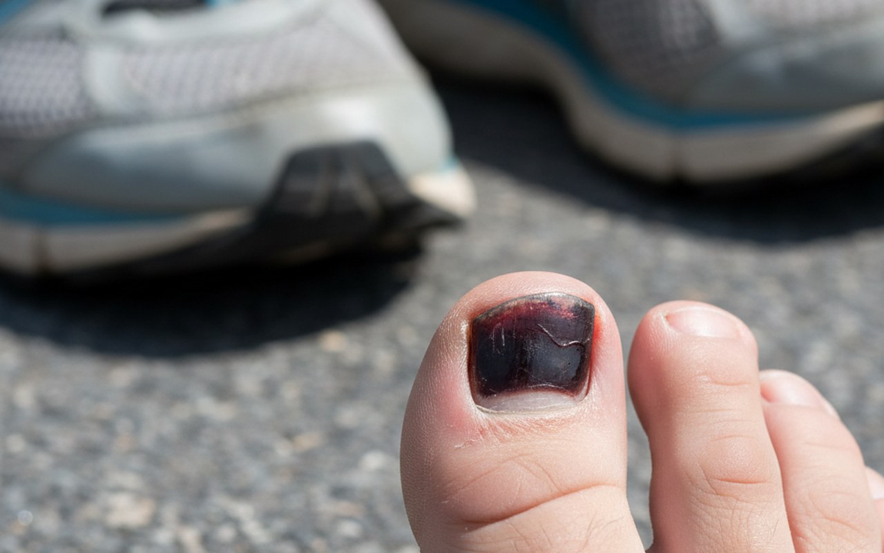 Gros plan sur un ongle de pied noirci avec accumulation de sang sous l'ongle.