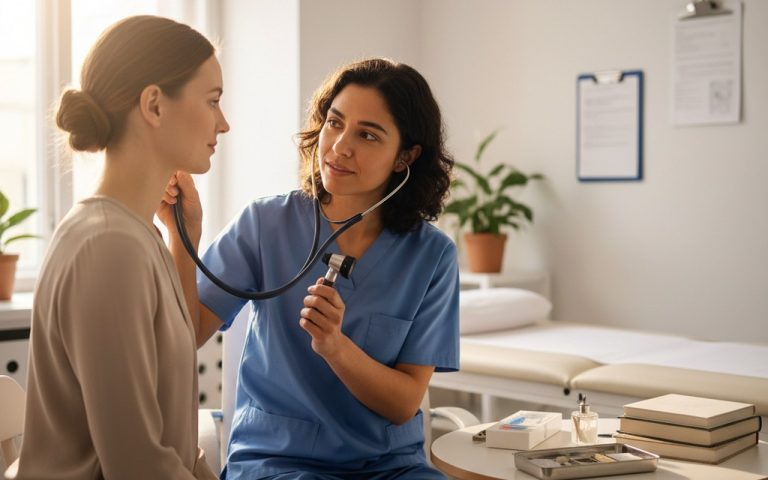 Consultation médicale pour des acouphènes à l'oreille gauche.