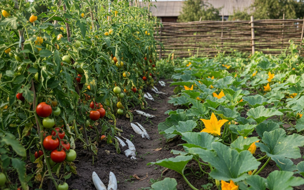 Jardin potager avec des tomates et courges, utilisant des os de seiche comme amendement naturel.