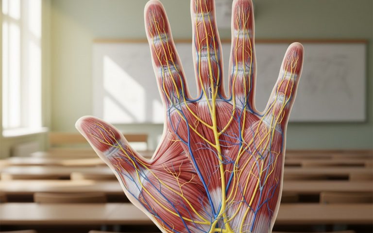 Détails anatomiques de la paume de la main, illustrant muscles et nerfs.