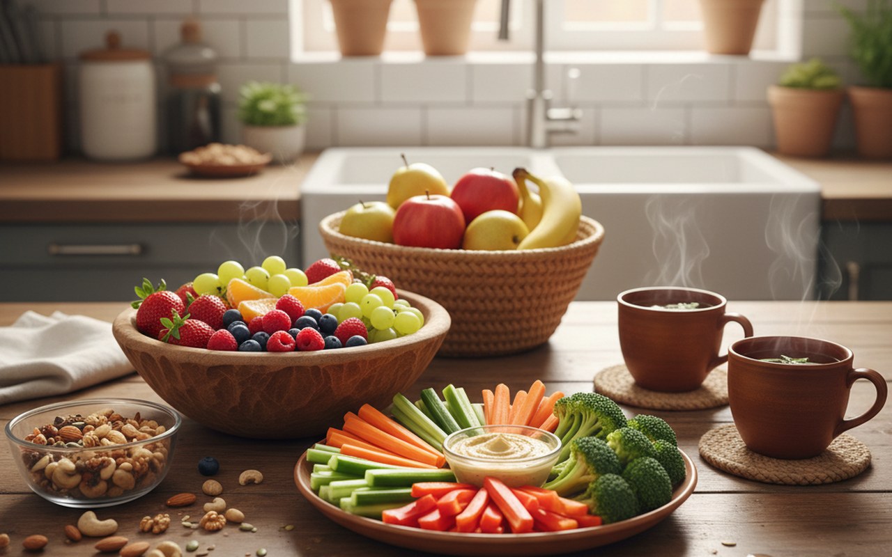 Table de cuisine avec des collations saines pour éviter le grignotage