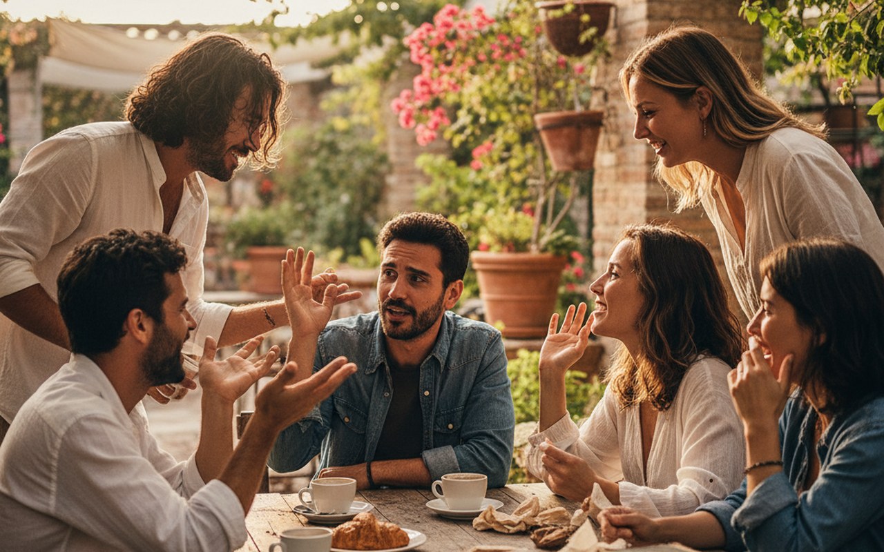 Scène de conversation illustrant les interruptions dans les échanges sociaux.
