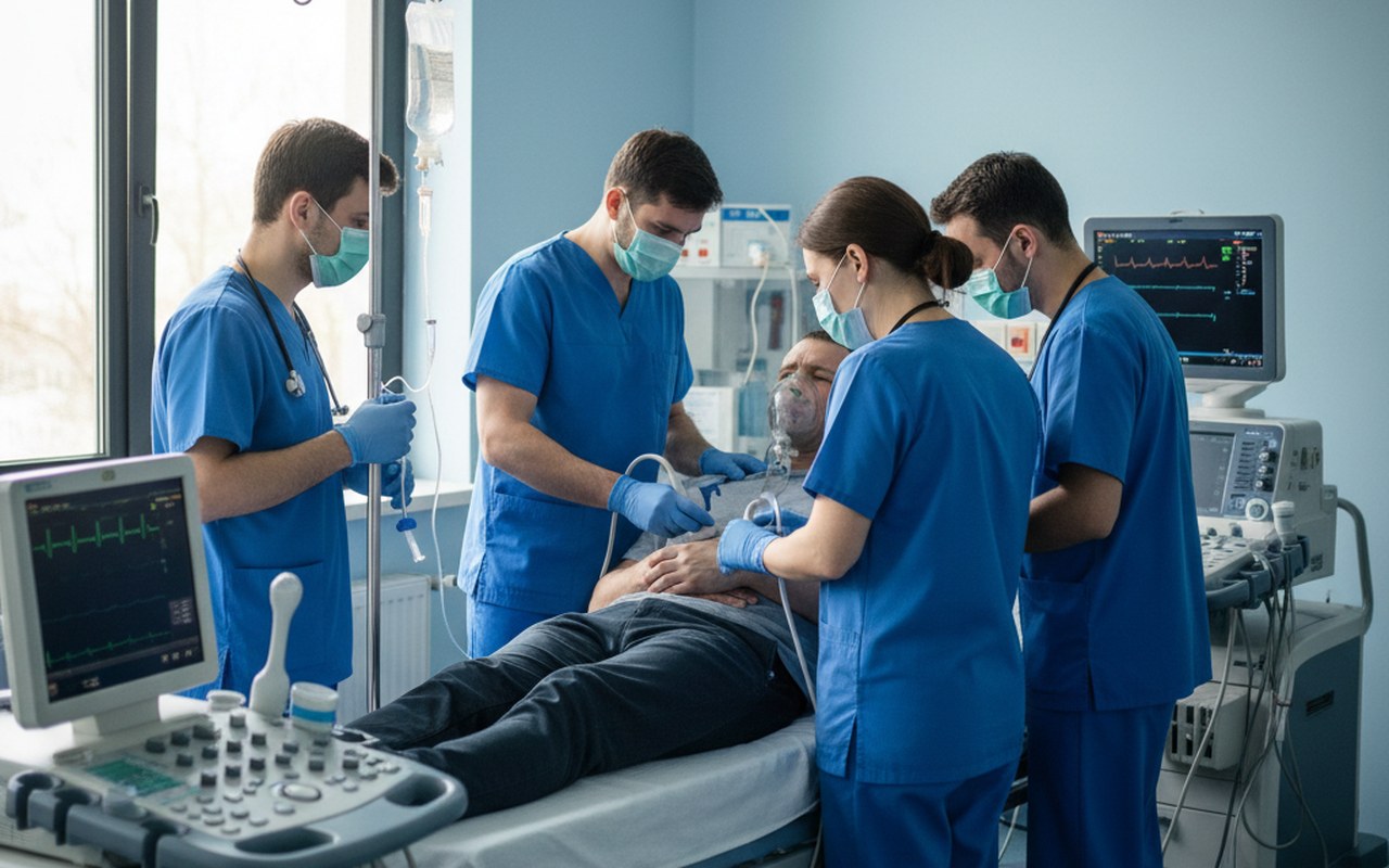 Urgence médicale pour une cholécystite aiguë avec des médecins en action.