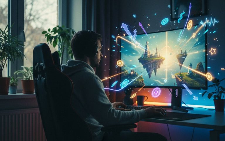 Un joueur absorbé par un jeu vidéo, symboles de récompense autour de lui.