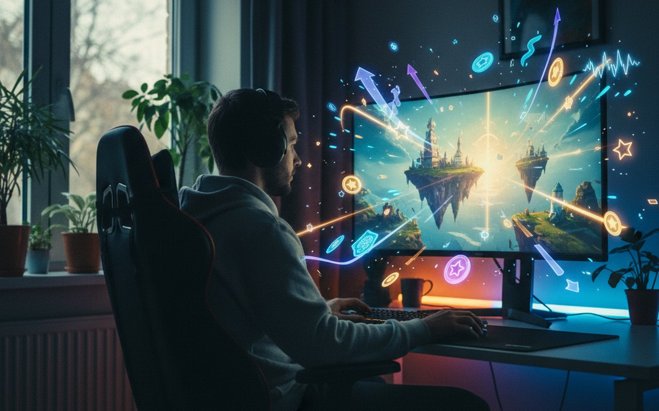 Un joueur absorbé par un jeu vidéo, symboles de récompense autour de lui.