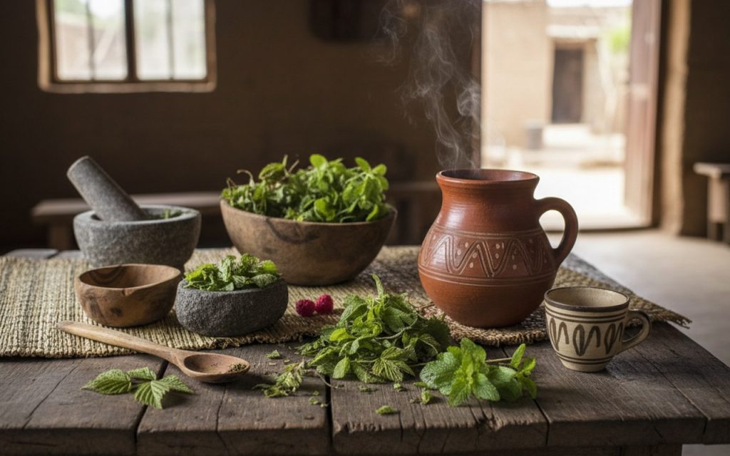 Préparation de tisanes africaines avec des feuilles de framboisier et de mélisse sur une table en bois.