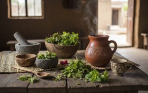 Préparation de tisanes africaines avec des feuilles de framboisier et de mélisse sur une table en bois.
