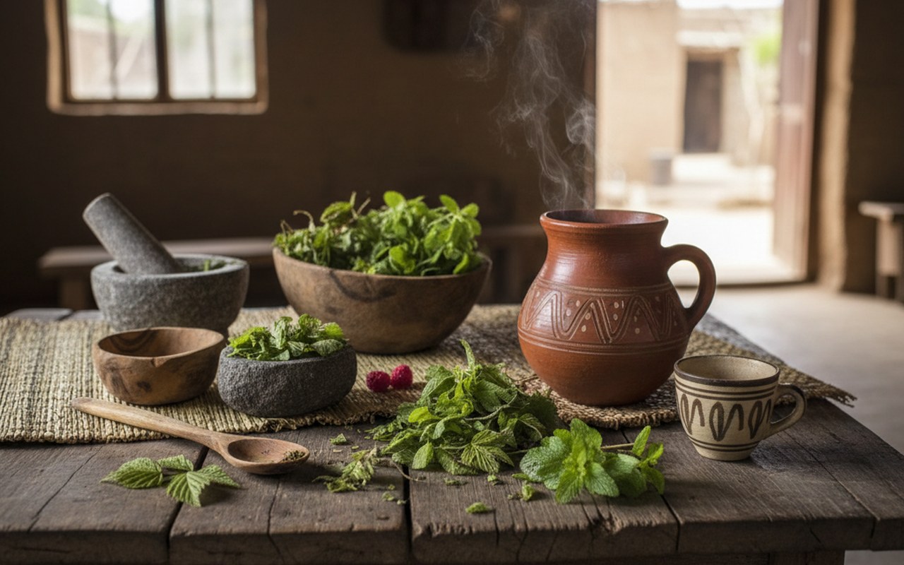Préparation de tisanes africaines avec des feuilles de framboisier et de mélisse sur une table en bois.