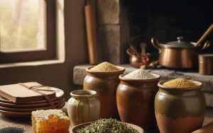 Ingrédients naturels pour recettes de grand-mère dans une cuisine rustique.